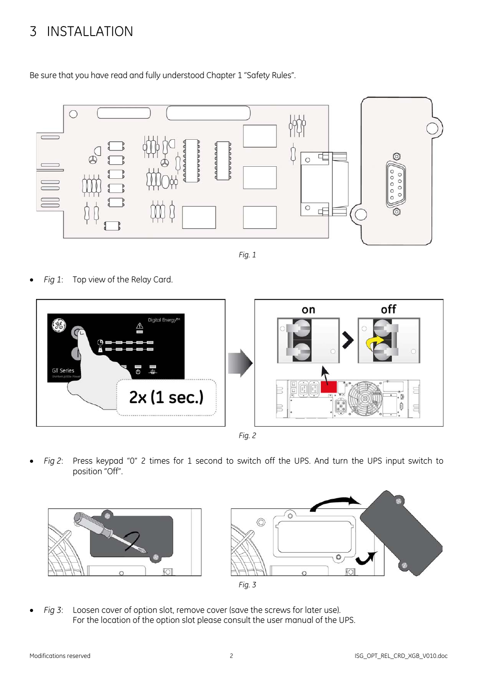 3 installation | GE Industrial Solutions Relay Card for GE's GT Series UPS (6&10kVA) User Manual | Page 2 / 4