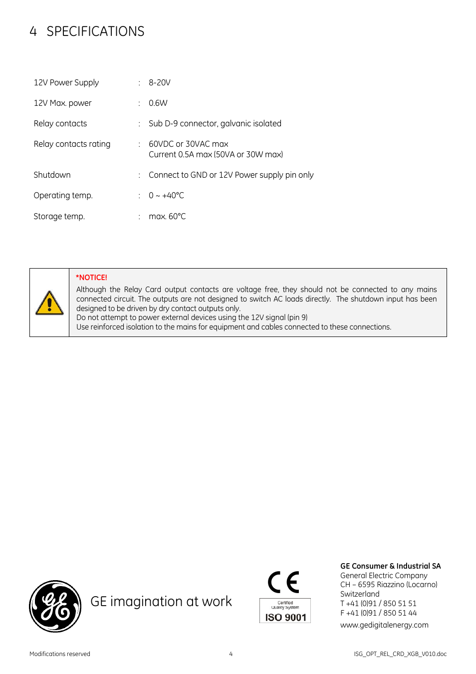 4 specifications, Ge imagination at work | GE Industrial Solutions Relay Card for GE's GT Series UPS (6&10kVA) User Manual | Page 4 / 4