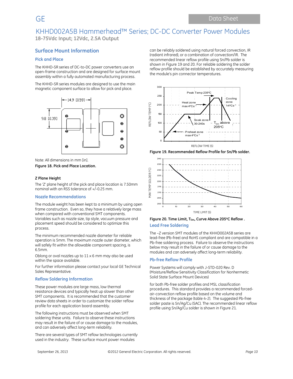 Data sheet, Surface mount information, Pick and place | Nozzle recommendations, Reflow soldering information, Lead free soldering, Pb-free reflow profile | GE Industrial Solutions KHHD002A5B Hammerhead Series User Manual | Page 10 / 16