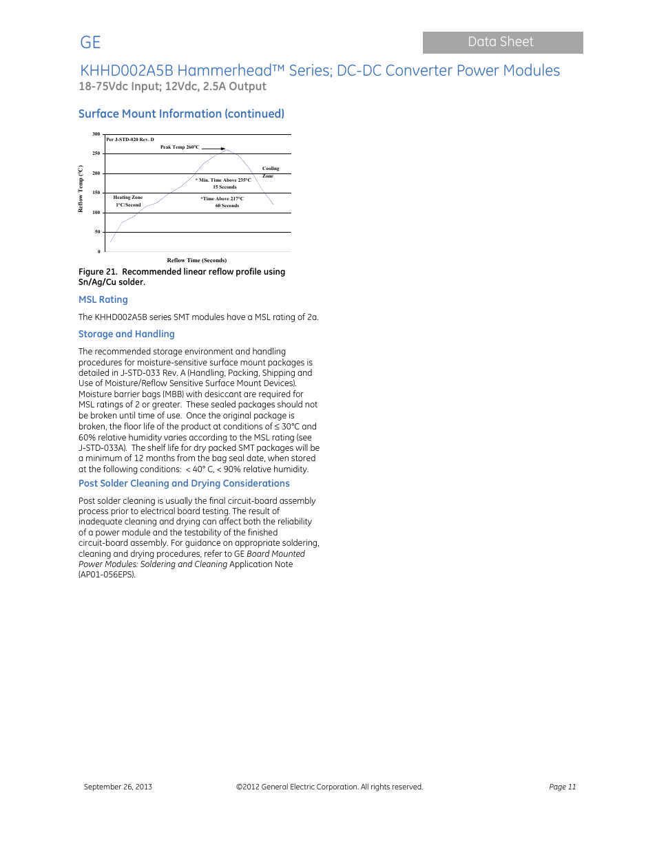 Data sheet, Surface mount information (continued) | GE Industrial Solutions KHHD002A5B Hammerhead Series User Manual | Page 11 / 16
