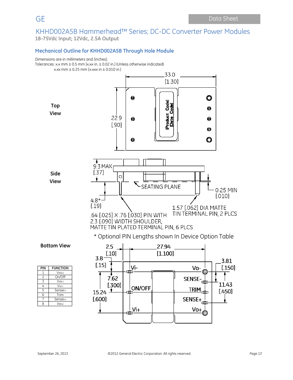 Data sheet, Optional pin lengths shown in device option table, Top view | Side view, Bottom view | GE Industrial Solutions KHHD002A5B Hammerhead Series User Manual | Page 13 / 16