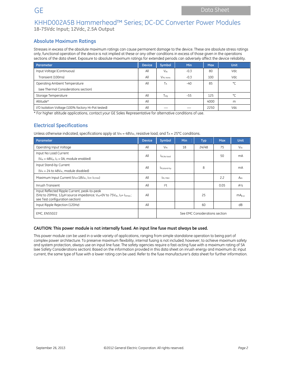 Data sheet, Absolute maximum ratings, Electrical specifications | GE Industrial Solutions KHHD002A5B Hammerhead Series User Manual | Page 2 / 16