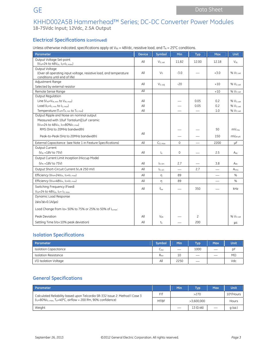 Data sheet, Electrical specifications, Isolation specifications | General specifications, Continued) | GE Industrial Solutions KHHD002A5B Hammerhead Series User Manual | Page 3 / 16