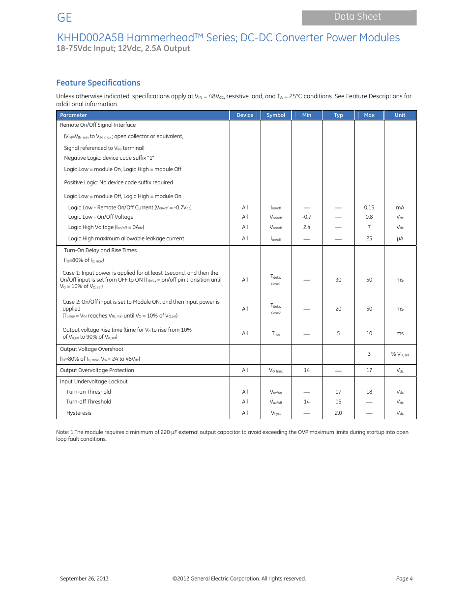 Data sheet, Feature specifications | GE Industrial Solutions KHHD002A5B Hammerhead Series User Manual | Page 4 / 16