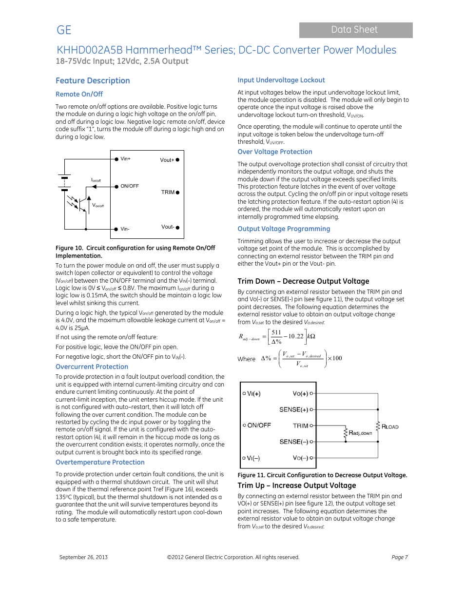 Data sheet, Feature description, Trim down – decrease output voltage | Trim up – increase output voltage | GE Industrial Solutions KHHD002A5B Hammerhead Series User Manual | Page 7 / 16