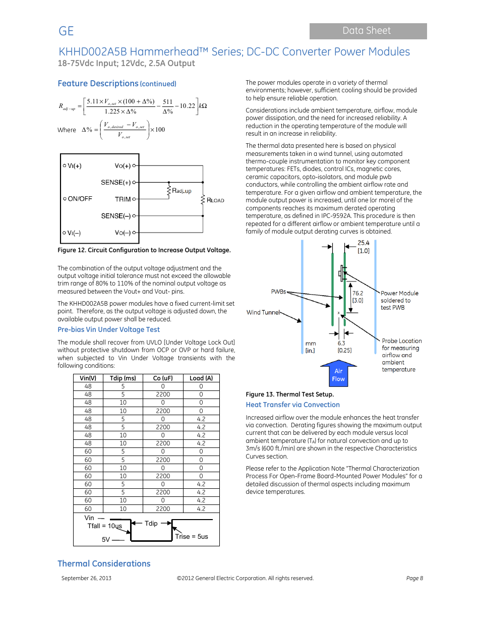 Data sheet, Feature descriptions, Thermal considerations | GE Industrial Solutions KHHD002A5B Hammerhead Series User Manual | Page 8 / 16