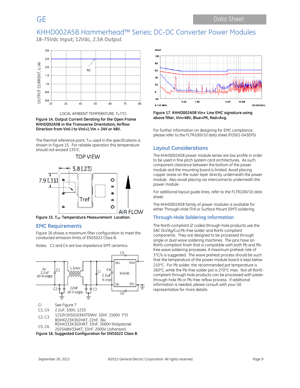 Data sheet, Emc requirements, Layout considerations | GE Industrial Solutions KHHD002A5B Hammerhead Series User Manual | Page 9 / 16