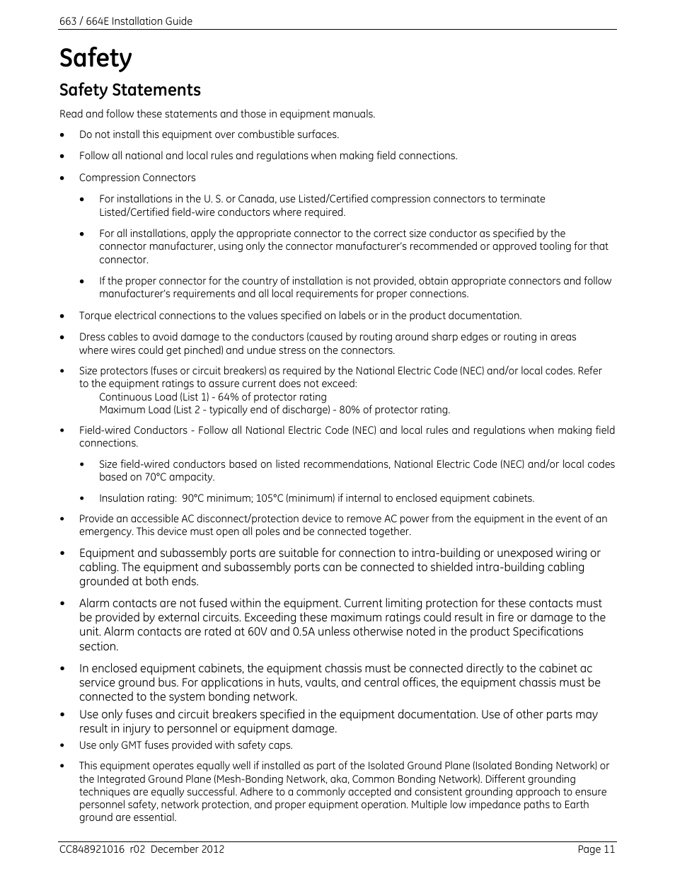 Safety, Safety statements | GE Industrial Solutions 664 Infinity C DC to DC Power System User Manual | Page 11 / 14
