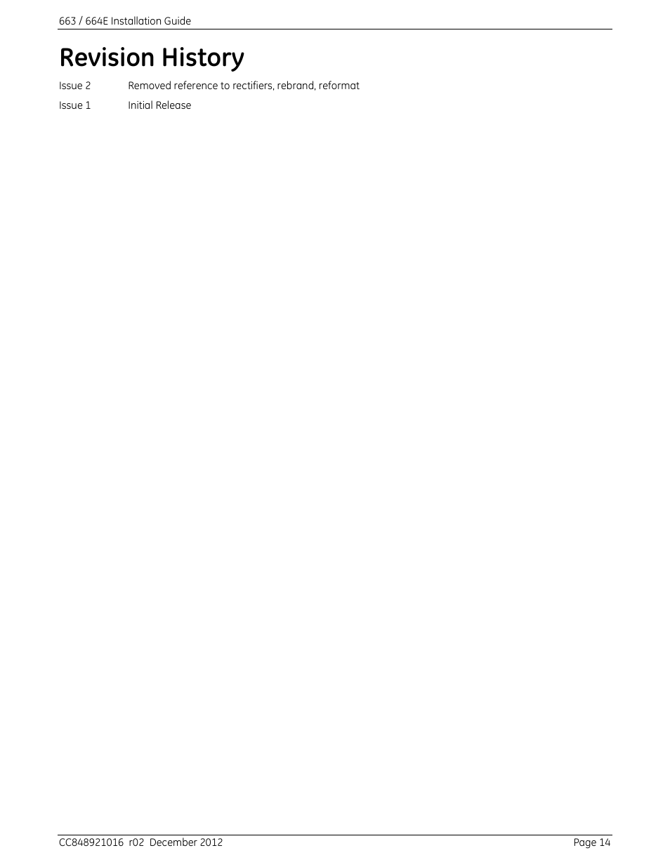 Revision history | GE Industrial Solutions 664 Infinity C DC to DC Power System User Manual | Page 14 / 14