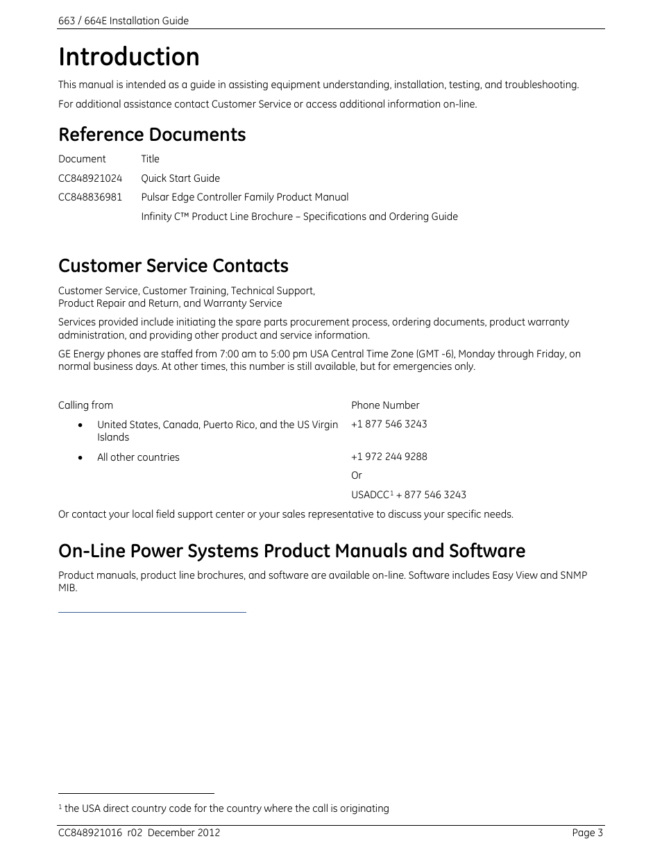 Introduction, Reference documents, Customer service contacts | On-line power systems product manuals and software | GE Industrial Solutions 664 Infinity C DC to DC Power System User Manual | Page 3 / 14