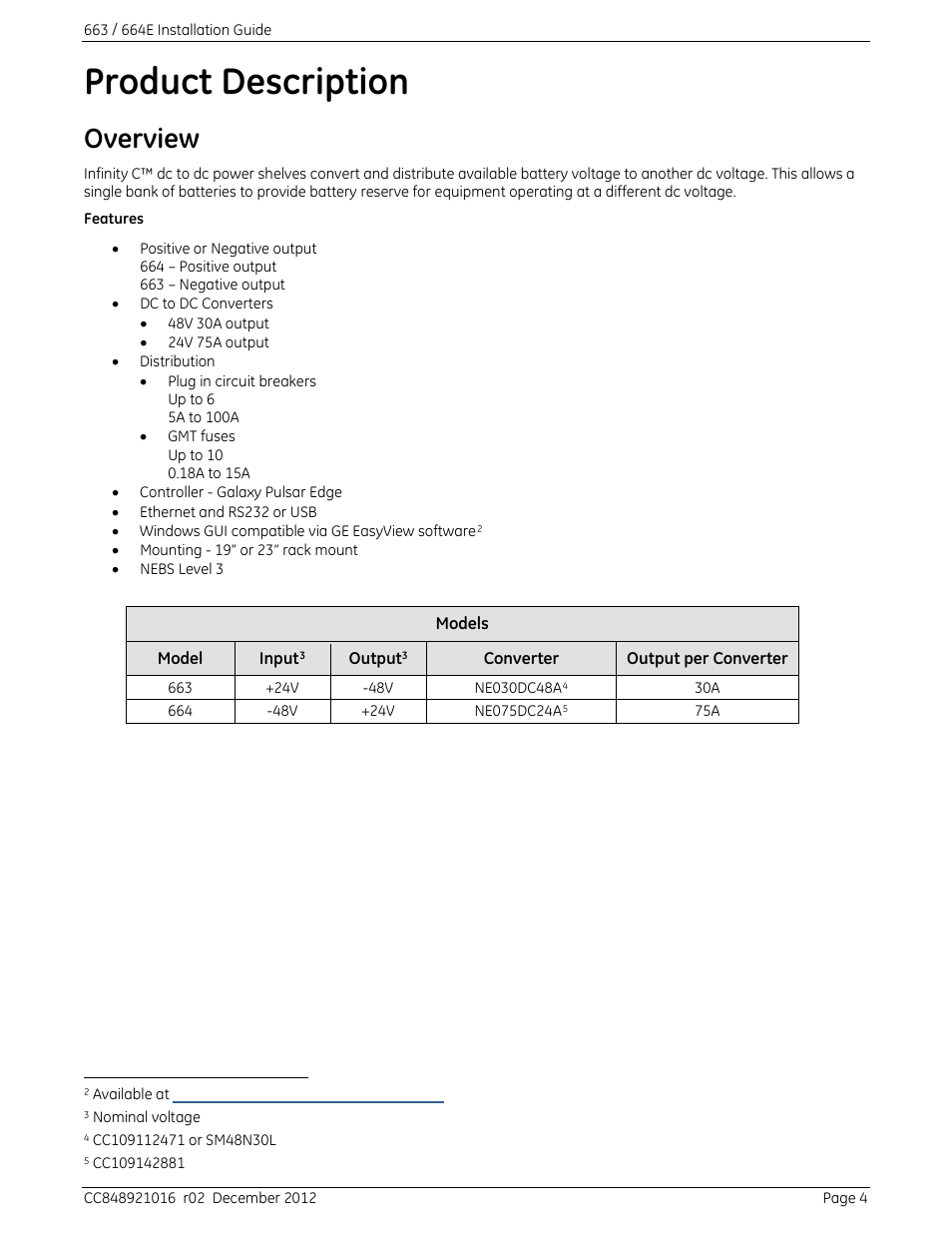 Product description, Overview | GE Industrial Solutions 664 Infinity C DC to DC Power System User Manual | Page 4 / 14