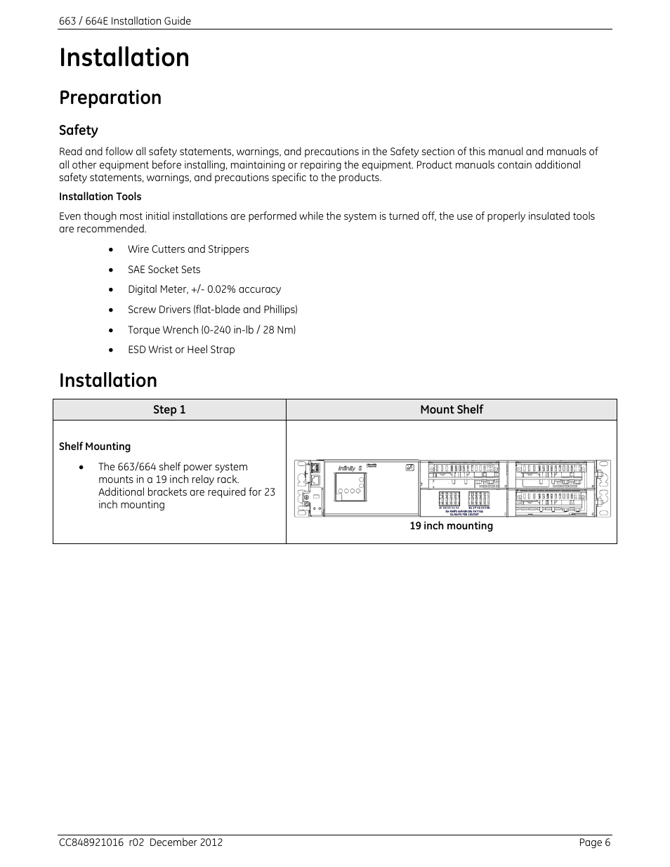 Installation, Preparation, Safety | GE Industrial Solutions 664 Infinity C DC to DC Power System User Manual | Page 6 / 14