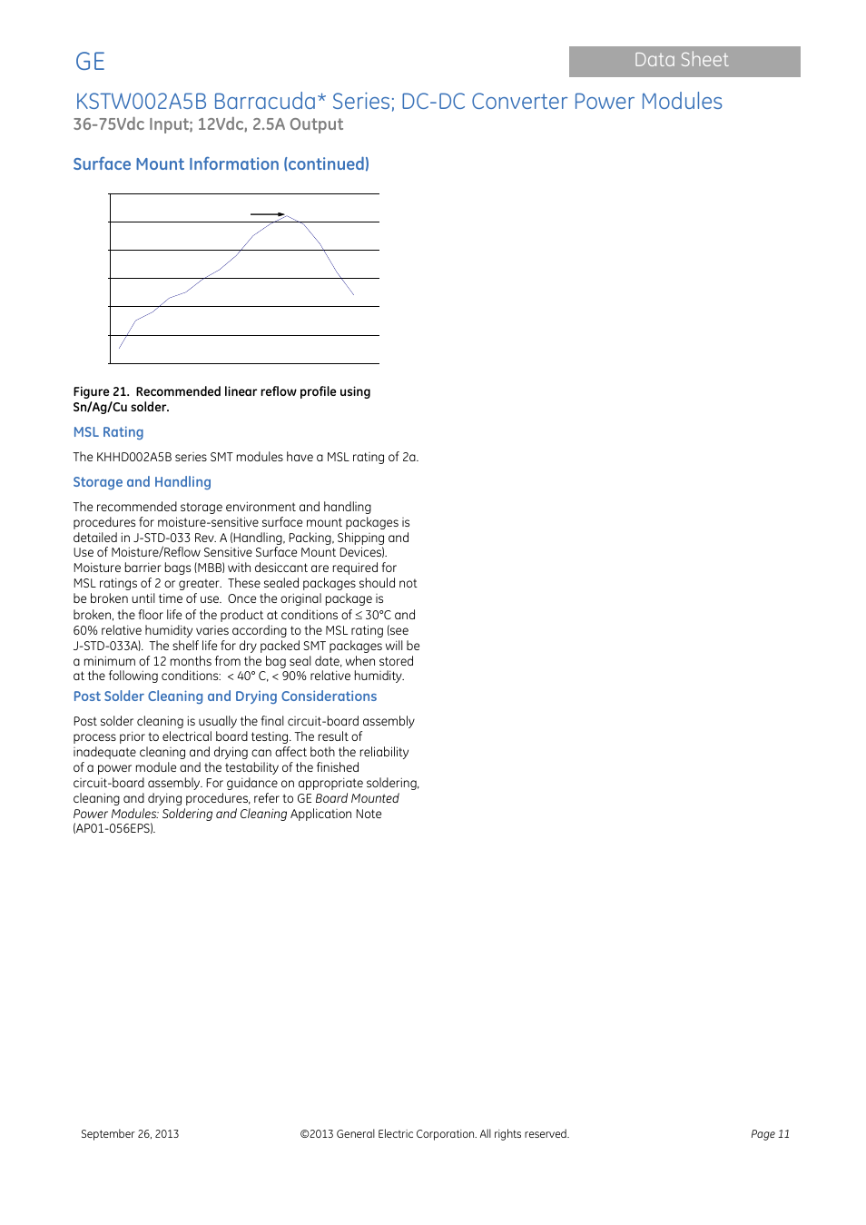 Data sheet, Surface mount information (continued) | GE Industrial Solutions KSTW002A5B Barracuda Series User Manual | Page 11 / 16
