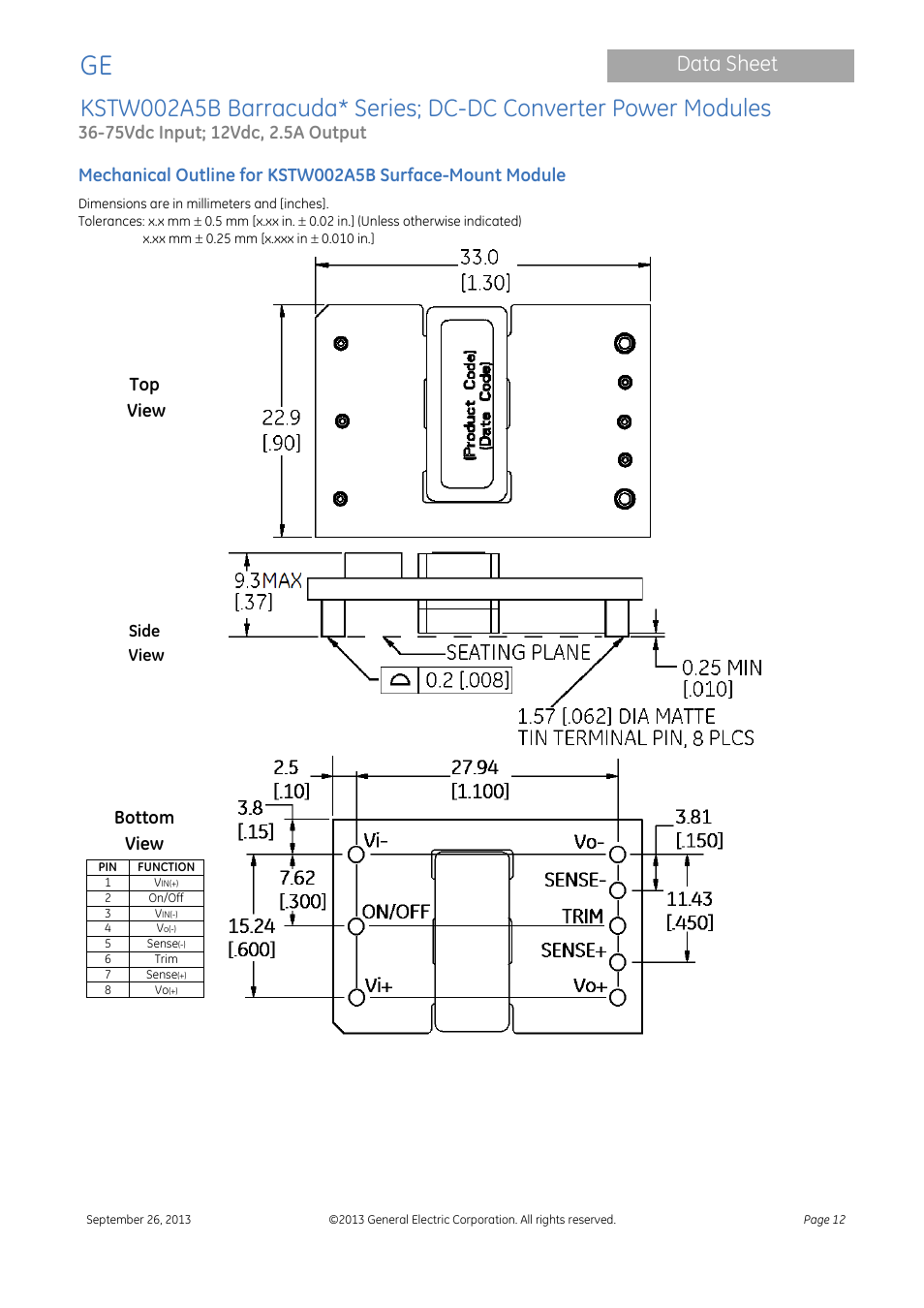 Data sheet, Top view, Bottom view | GE Industrial Solutions KSTW002A5B Barracuda Series User Manual | Page 12 / 16