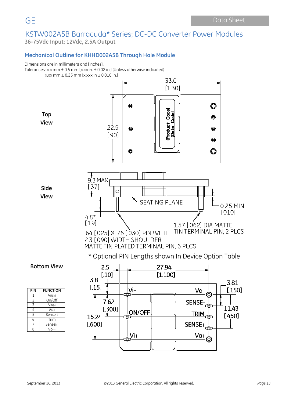 Data sheet, Optional pin lengths shown in device option table, Top view | Side view, Bottom view | GE Industrial Solutions KSTW002A5B Barracuda Series User Manual | Page 13 / 16