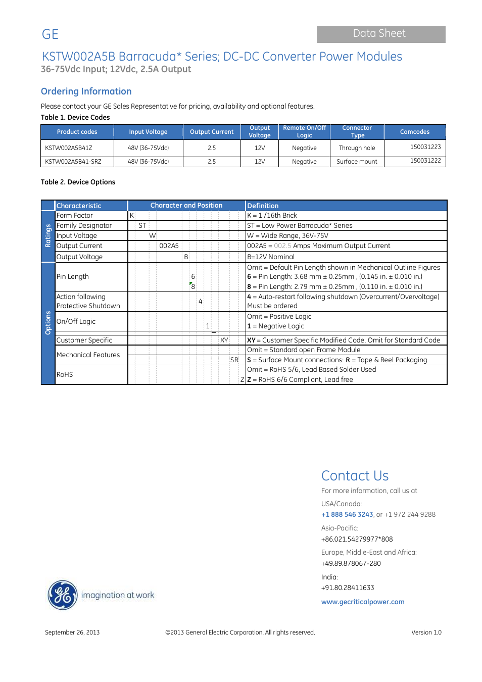 Contact us, Data sheet, Ordering information | GE Industrial Solutions KSTW002A5B Barracuda Series User Manual | Page 16 / 16