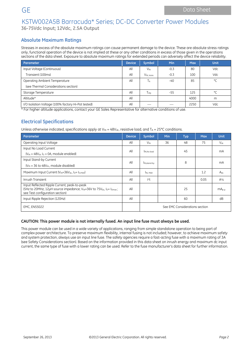 Data sheet, Absolute maximum ratings, Electrical specifications | GE Industrial Solutions KSTW002A5B Barracuda Series User Manual | Page 2 / 16