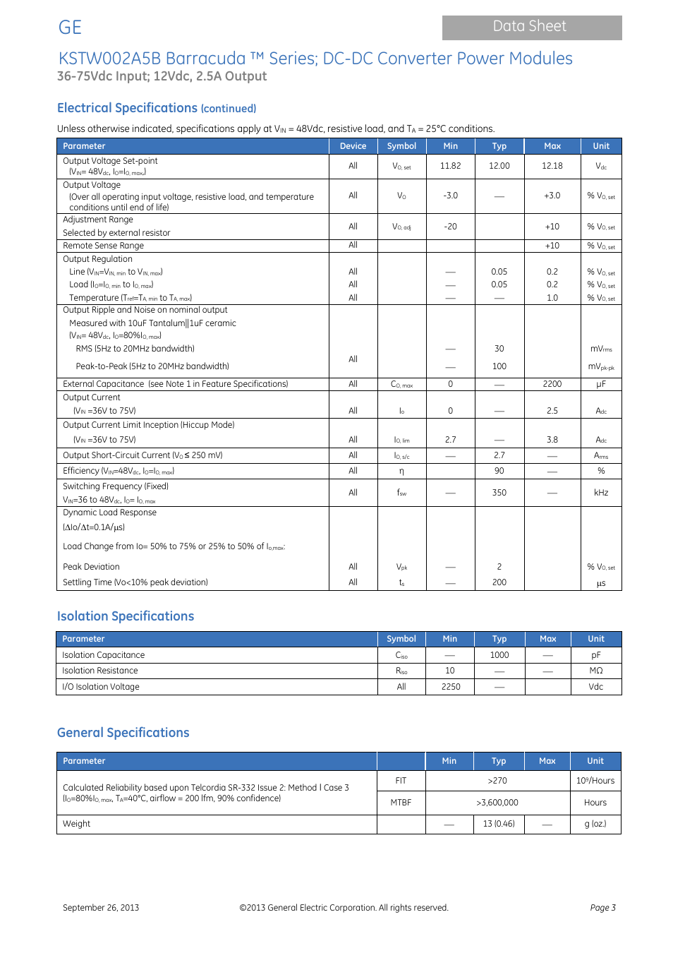 Data sheet, Electrical specifications, Isolation specifications | General specifications | GE Industrial Solutions KSTW002A5B Barracuda Series User Manual | Page 3 / 16