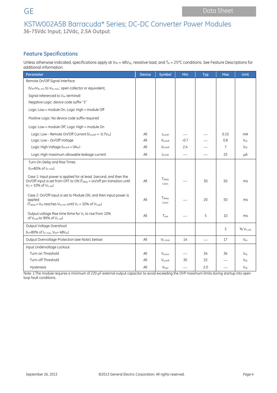 Data sheet, Feature specifications | GE Industrial Solutions KSTW002A5B Barracuda Series User Manual | Page 4 / 16