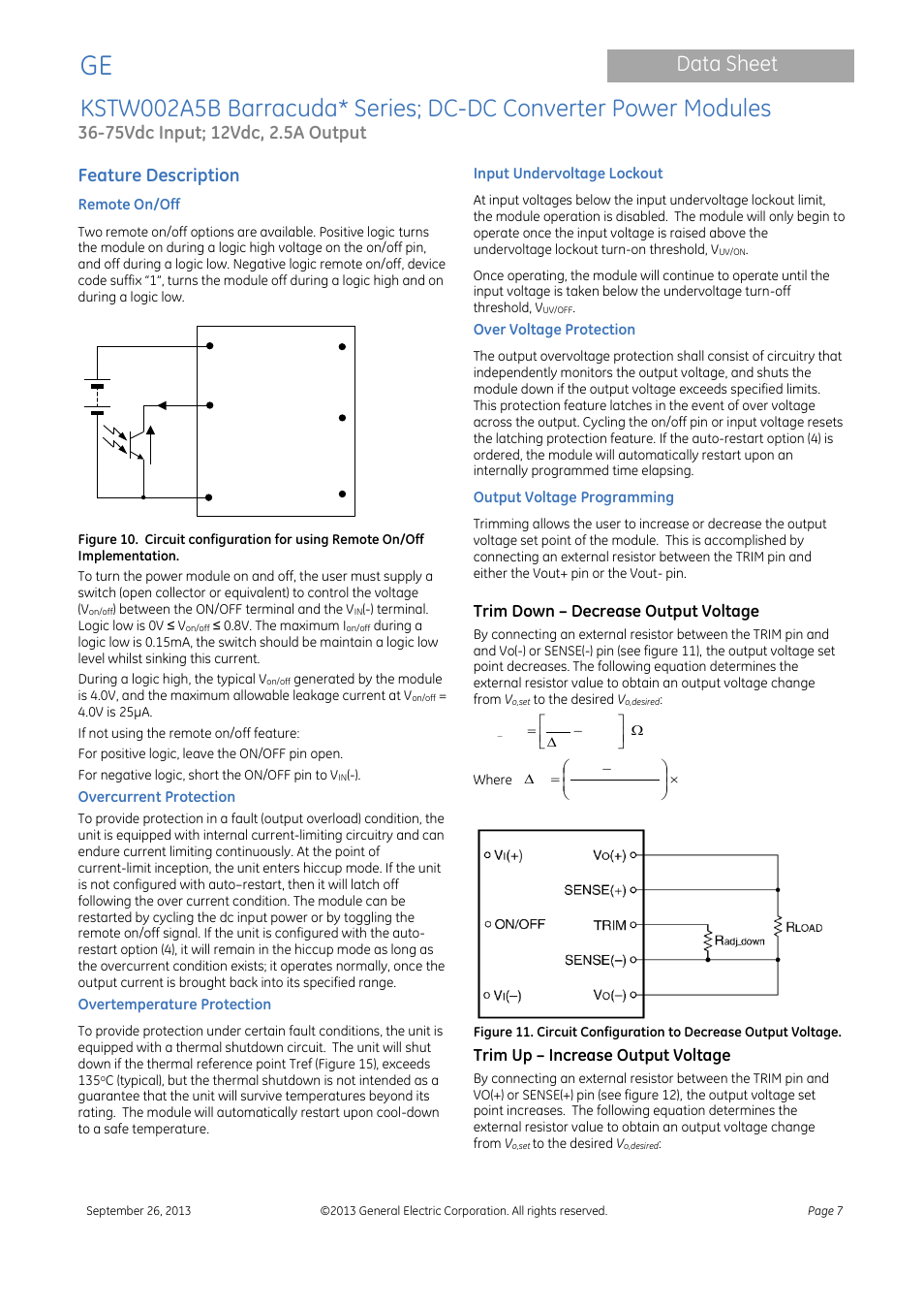 Data sheet, Feature description, Trim down – decrease output voltage | Trim up – increase output voltage | GE Industrial Solutions KSTW002A5B Barracuda Series User Manual | Page 7 / 16