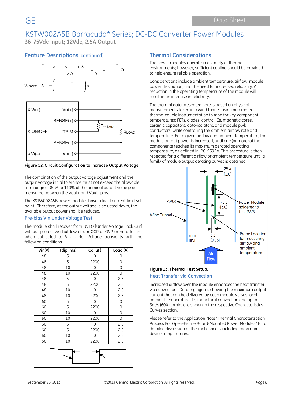 Data sheet, Feature descriptions, Thermal considerations | GE Industrial Solutions KSTW002A5B Barracuda Series User Manual | Page 8 / 16