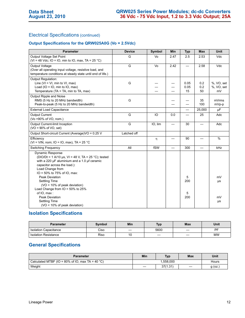 Isolation specifications general specifications | GE Industrial Solutions QRW025 Series User Manual | Page 12 / 27