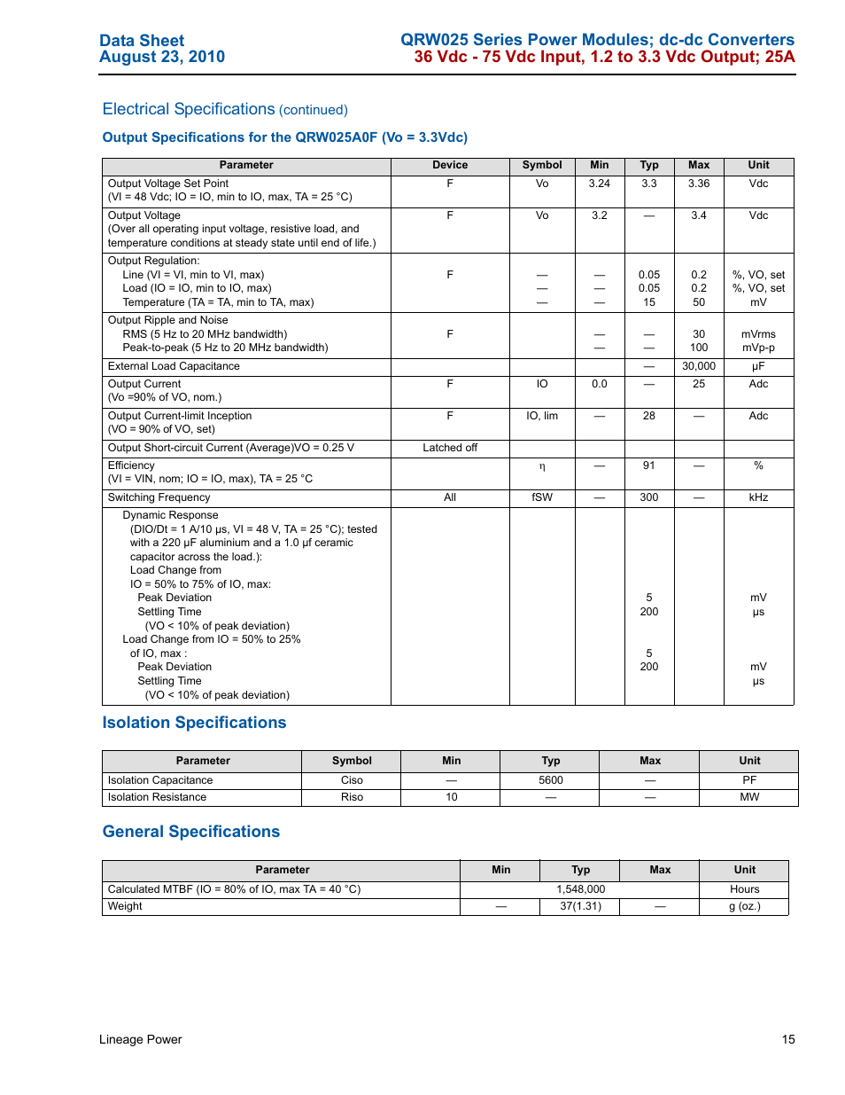 Isolation specifications general specifications | GE Industrial Solutions QRW025 Series User Manual | Page 15 / 27