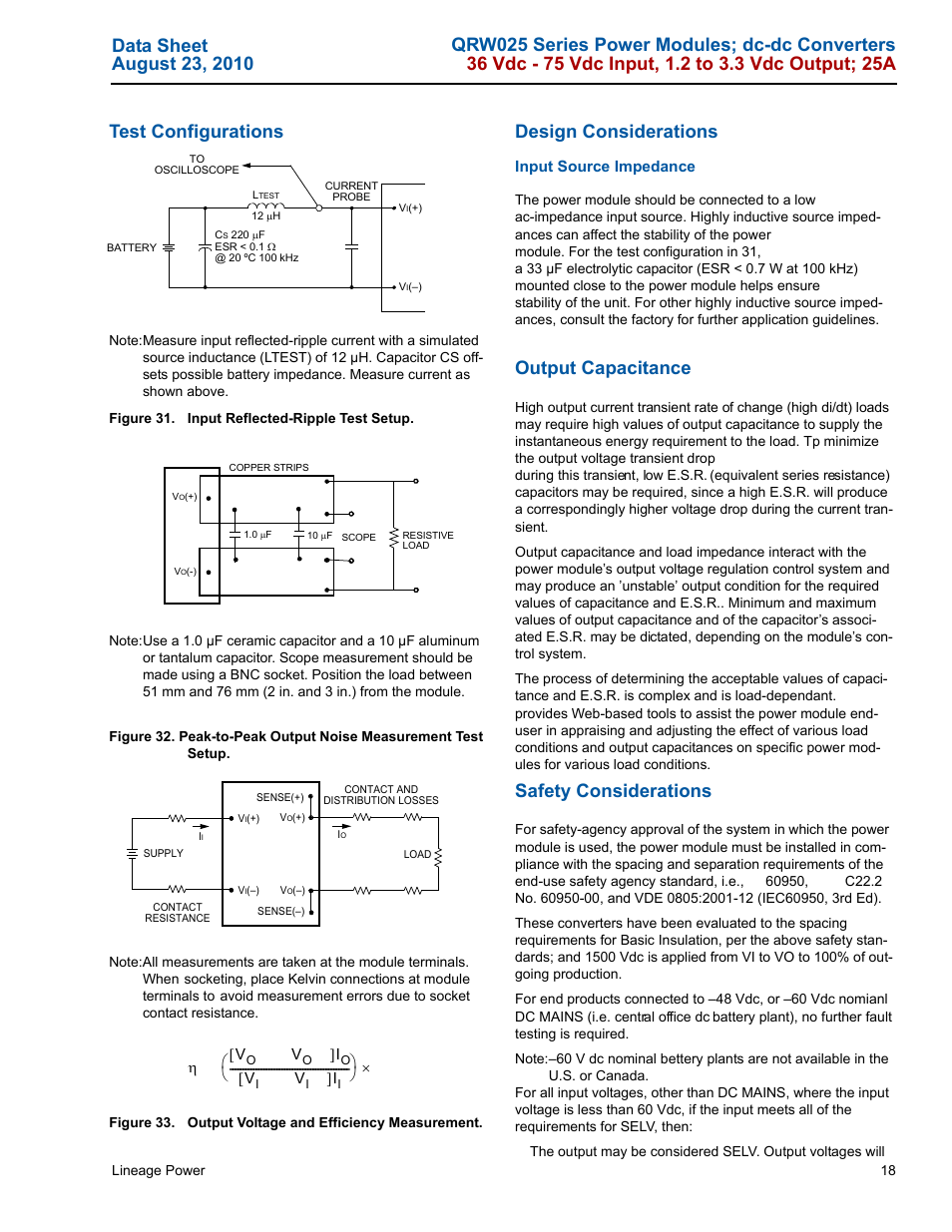 Design considerations, Output capacitance, Safety considerations | GE Industrial Solutions QRW025 Series User Manual | Page 18 / 27