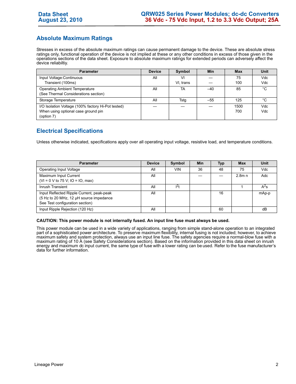 Electrical specifications | GE Industrial Solutions QRW025 Series User Manual | Page 2 / 27