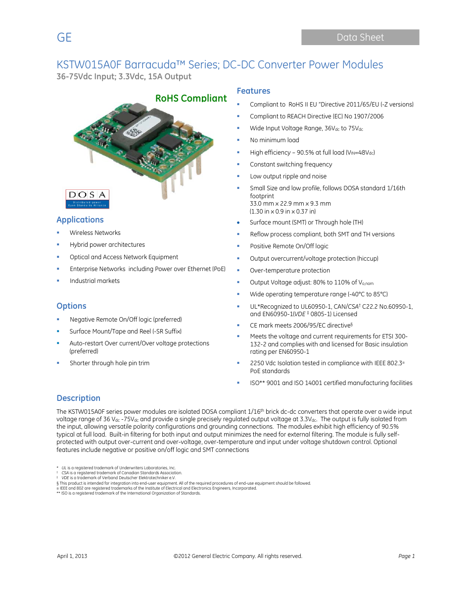 GE Industrial Solutions KSTW015A0F Barracuda Series User Manual | 16 pages