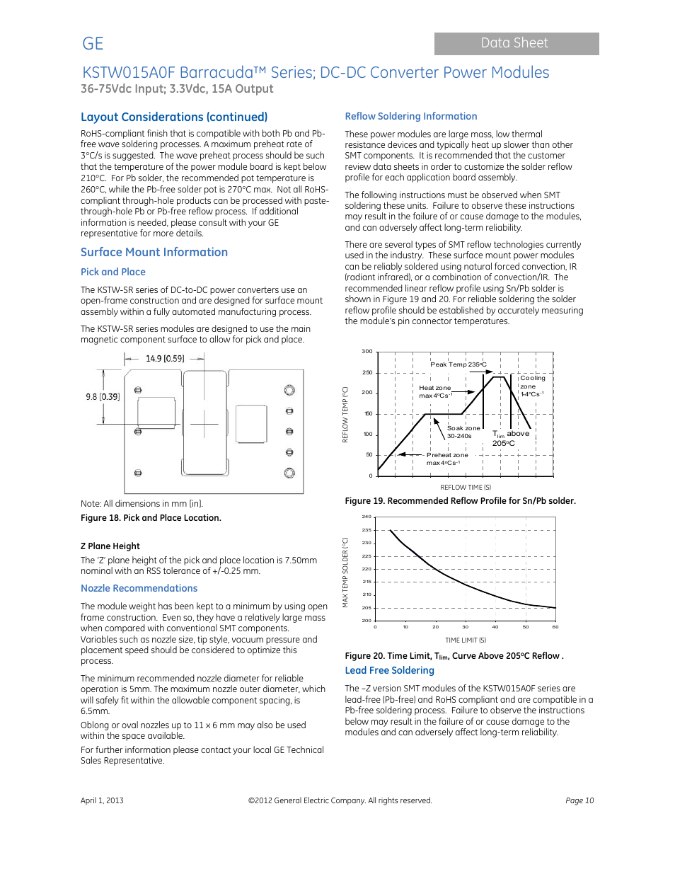 Data sheet, Layout considerations (continued), Surface mount information | Pick and place, Nozzle recommendations, Reflow soldering information, Lead free soldering | GE Industrial Solutions KSTW015A0F Barracuda Series User Manual | Page 10 / 16