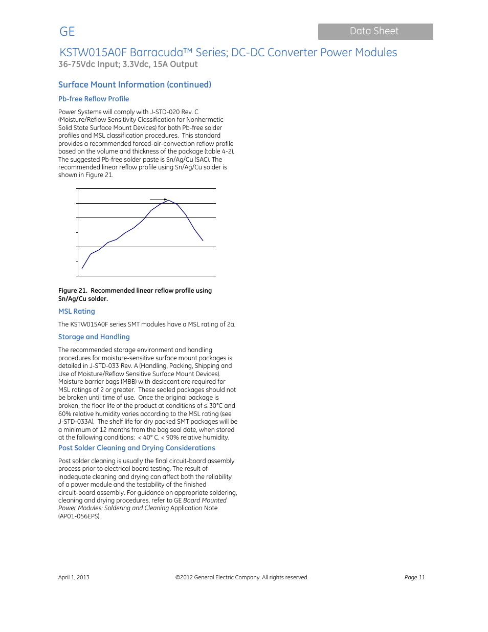 Data sheet, Surface mount information (continued) | GE Industrial Solutions KSTW015A0F Barracuda Series User Manual | Page 11 / 16