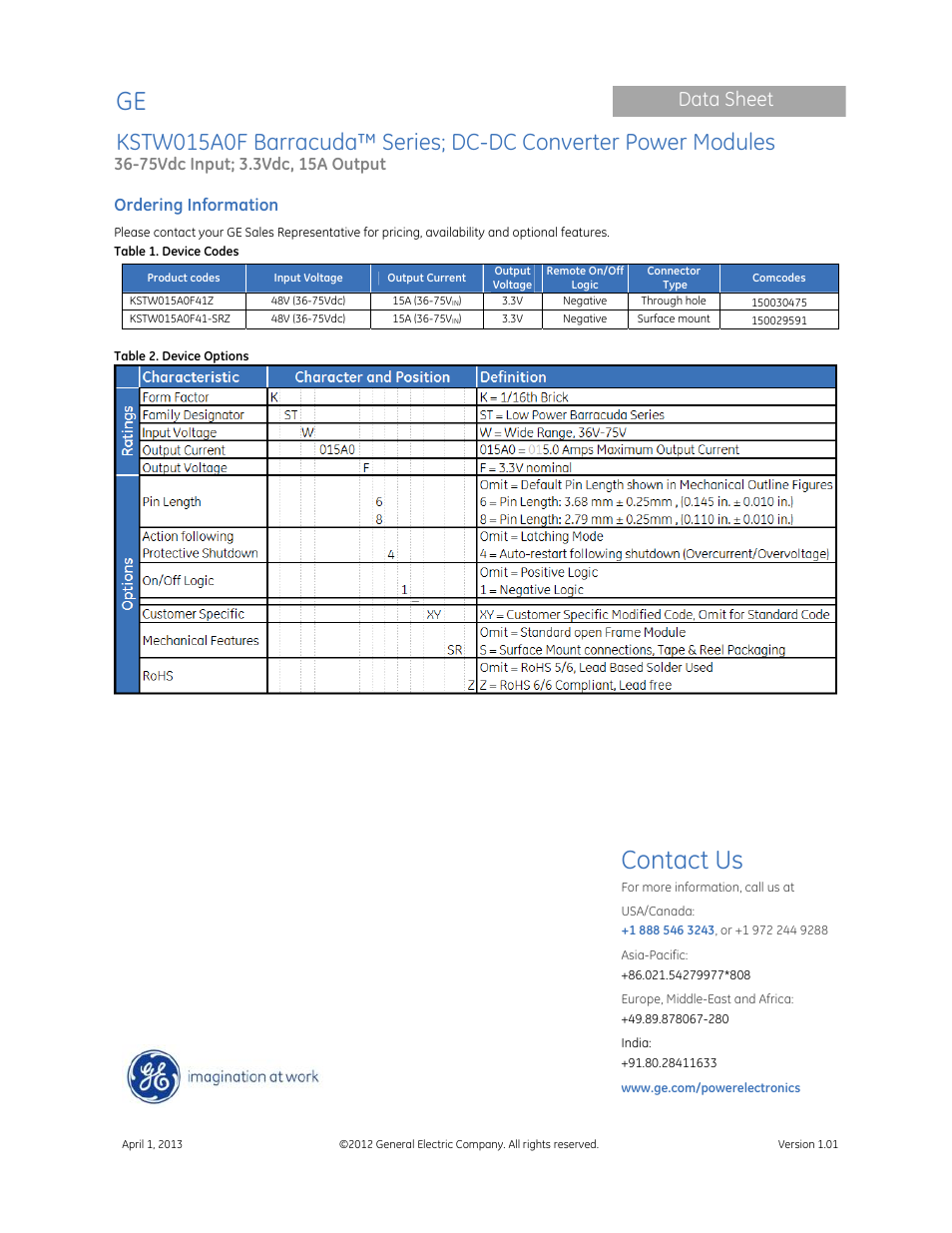 Contact us, Data sheet, Ordering information | GE Industrial Solutions KSTW015A0F Barracuda Series User Manual | Page 16 / 16