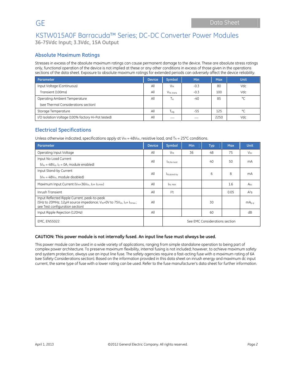 Data sheet, Absolute maximum ratings, Electrical specifications | GE Industrial Solutions KSTW015A0F Barracuda Series User Manual | Page 2 / 16