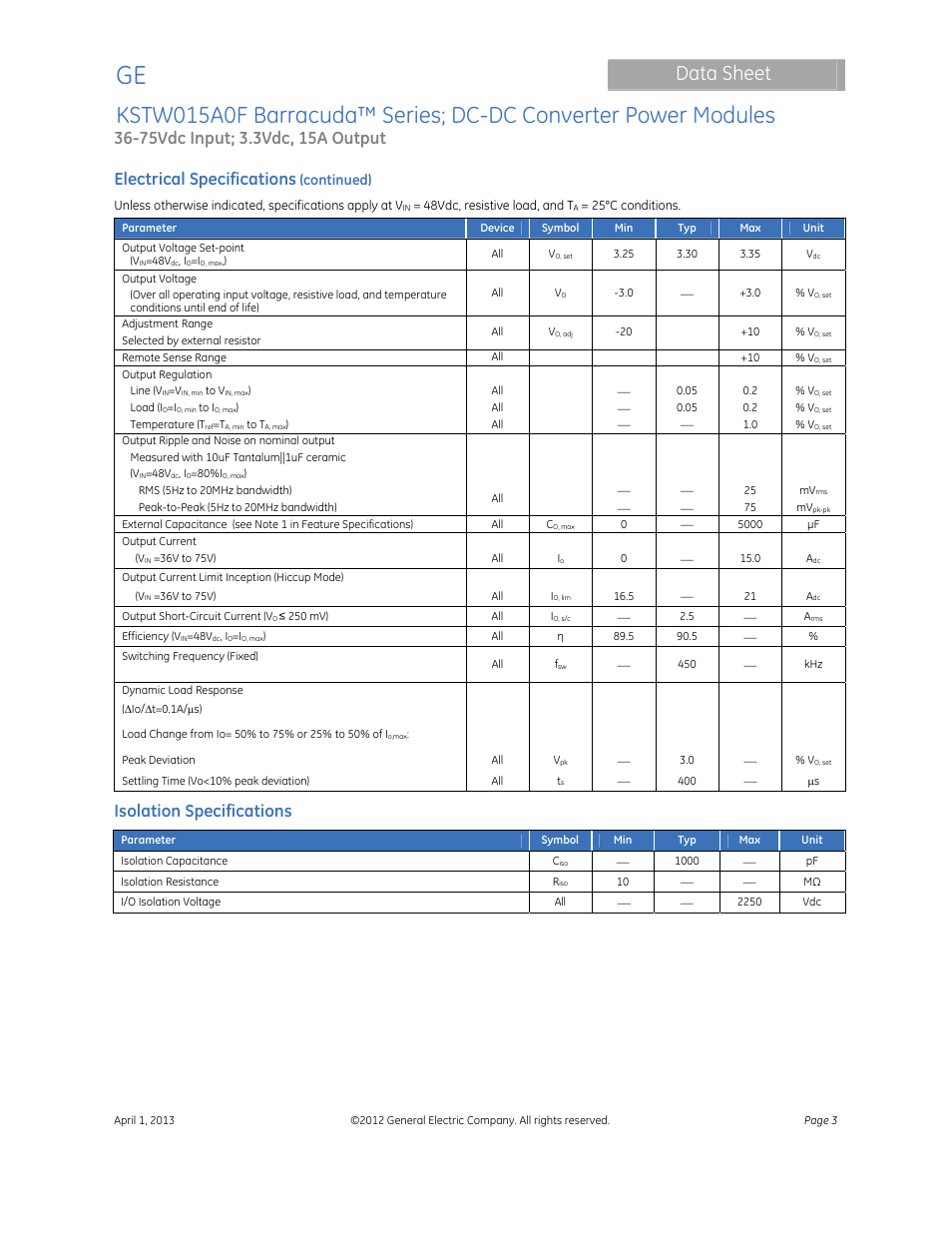 Data sheet, Electrical specifications, Isolation specifications | Continued) | GE Industrial Solutions KSTW015A0F Barracuda Series User Manual | Page 3 / 16