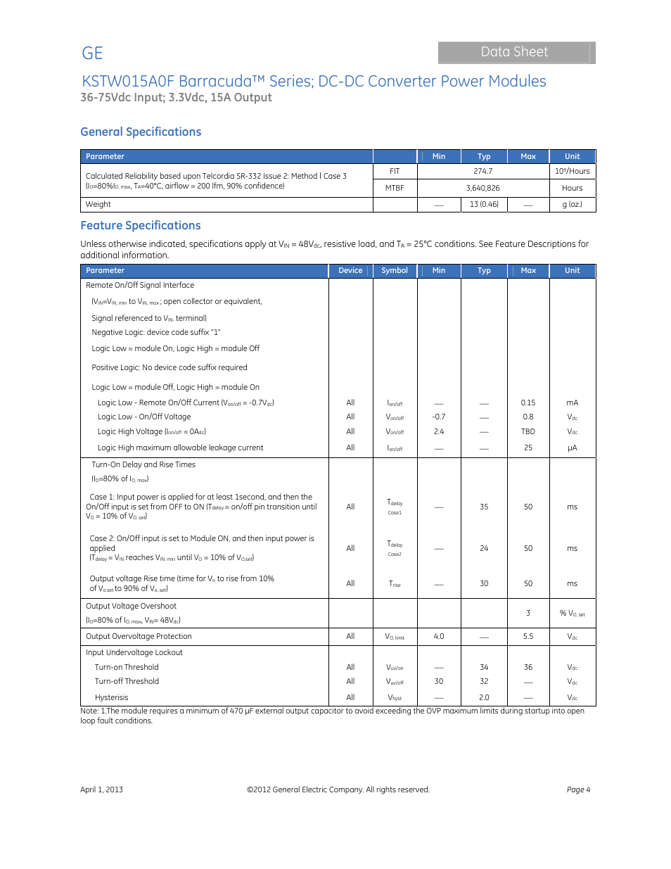 Data sheet, General specifications, Feature specifications | GE Industrial Solutions KSTW015A0F Barracuda Series User Manual | Page 4 / 16