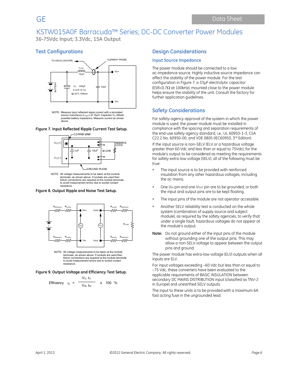 Data sheet, Test configurations, Design considerations | Safety considerations, Input source impedance | GE Industrial Solutions KSTW015A0F Barracuda Series User Manual | Page 6 / 16