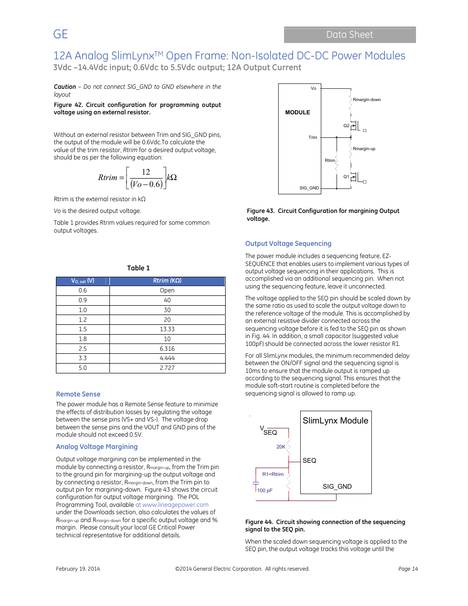 12a analog slimlynx, Open frame: non-isolated dc-dc power modules, Data sheet | Ω      − = k vo rtrim 6 . 0 12, Slimlynx module | GE Industrial Solutions 12A Analog SlimLynx Open Frame User Manual | Page 14 / 23