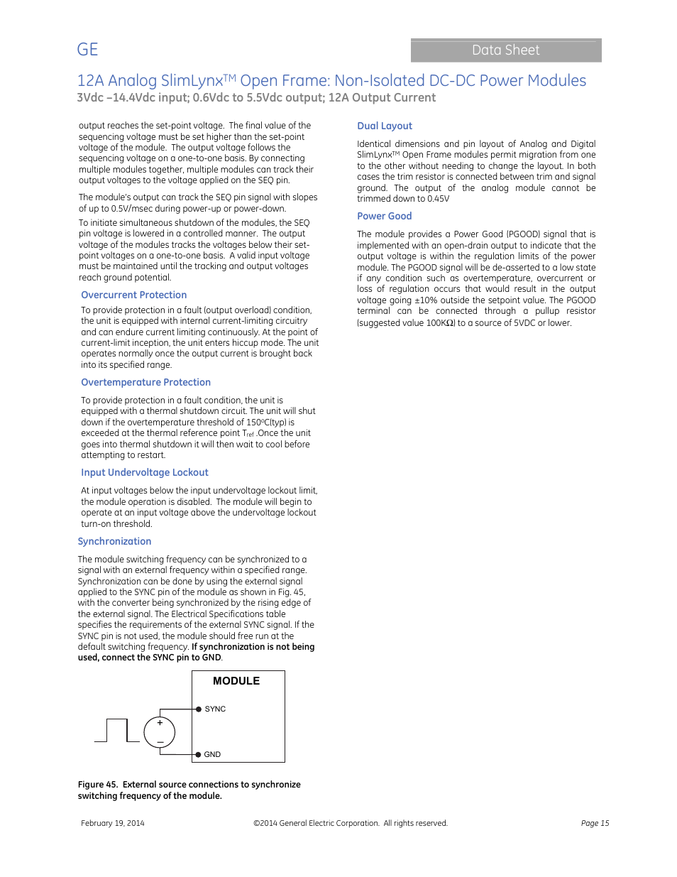 12a analog slimlynx, Open frame: non-isolated dc-dc power modules, Data sheet | GE Industrial Solutions 12A Analog SlimLynx Open Frame User Manual | Page 15 / 23