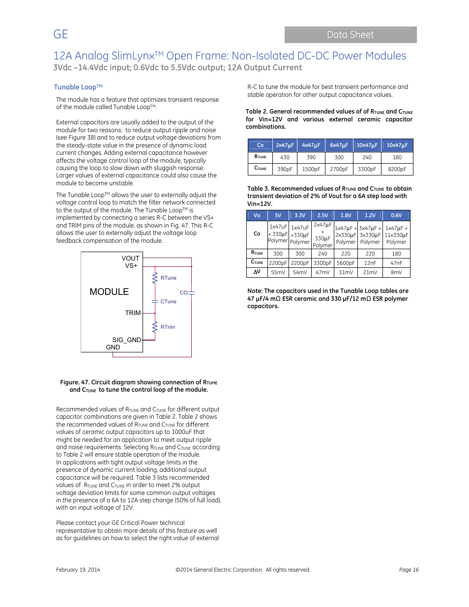 12a analog slimlynx, Open frame: non-isolated dc-dc power modules, Data sheet | Module | GE Industrial Solutions 12A Analog SlimLynx Open Frame User Manual | Page 16 / 23