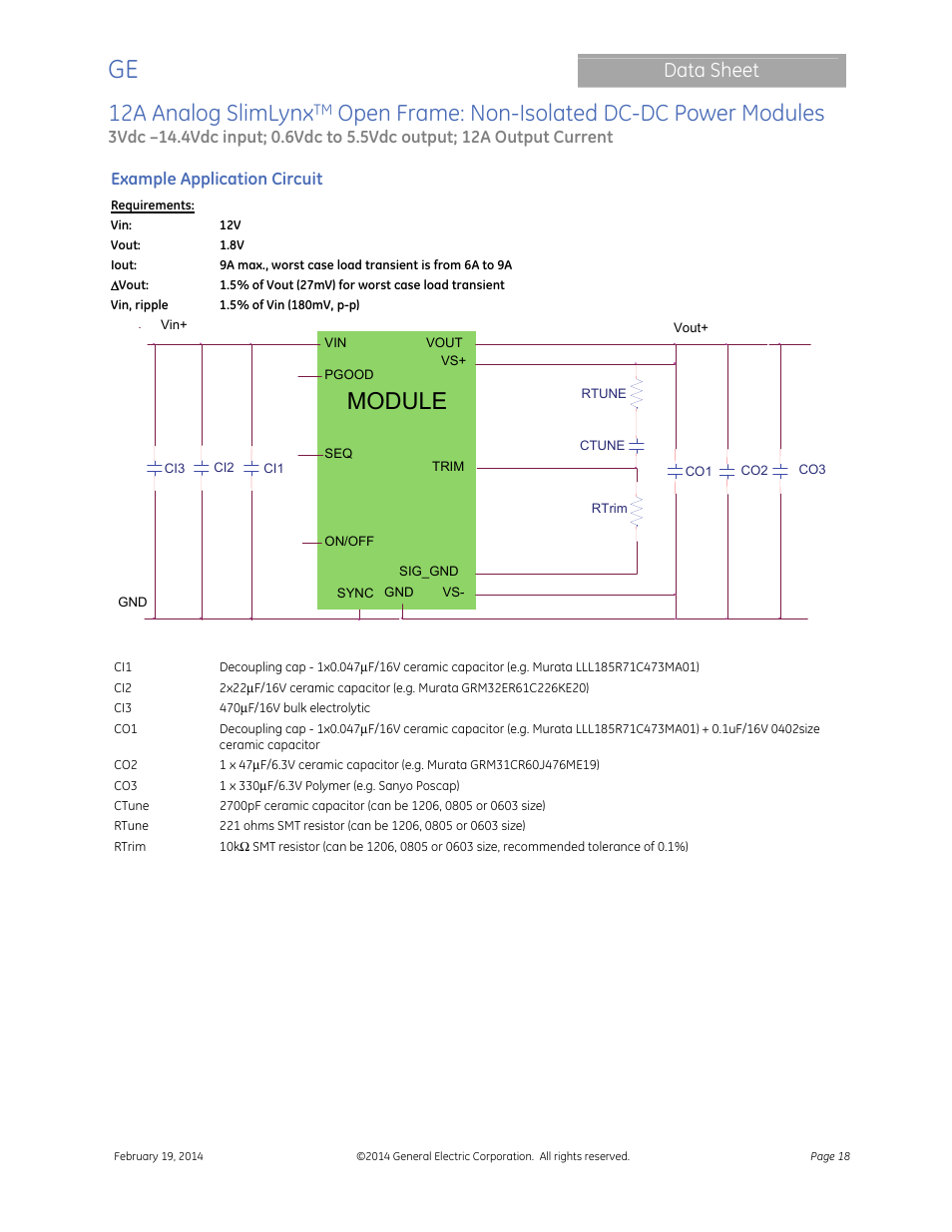 12a analog slimlynx, Open frame: non-isolated dc-dc power modules, Module | Data sheet | GE Industrial Solutions 12A Analog SlimLynx Open Frame User Manual | Page 18 / 23