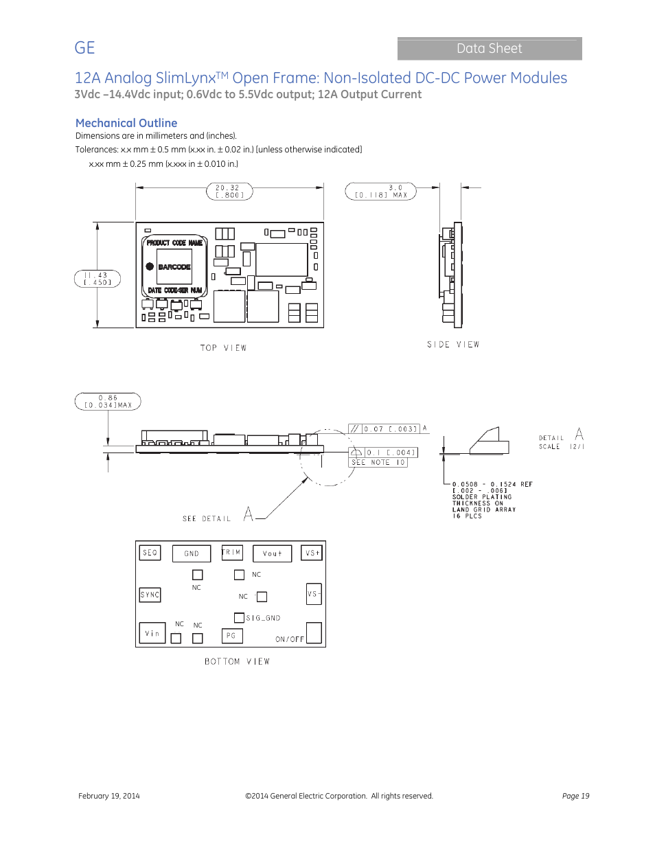 12a analog slimlynx, Open frame: non-isolated dc-dc power modules, Data sheet | GE Industrial Solutions 12A Analog SlimLynx Open Frame User Manual | Page 19 / 23