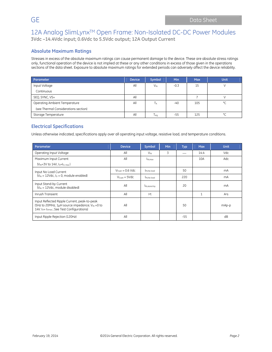 12a analog slimlynx, Open frame: non-isolated dc-dc power modules, Data sheet | Absolute maximum ratings, Electrical specifications | GE Industrial Solutions 12A Analog SlimLynx Open Frame User Manual | Page 2 / 23