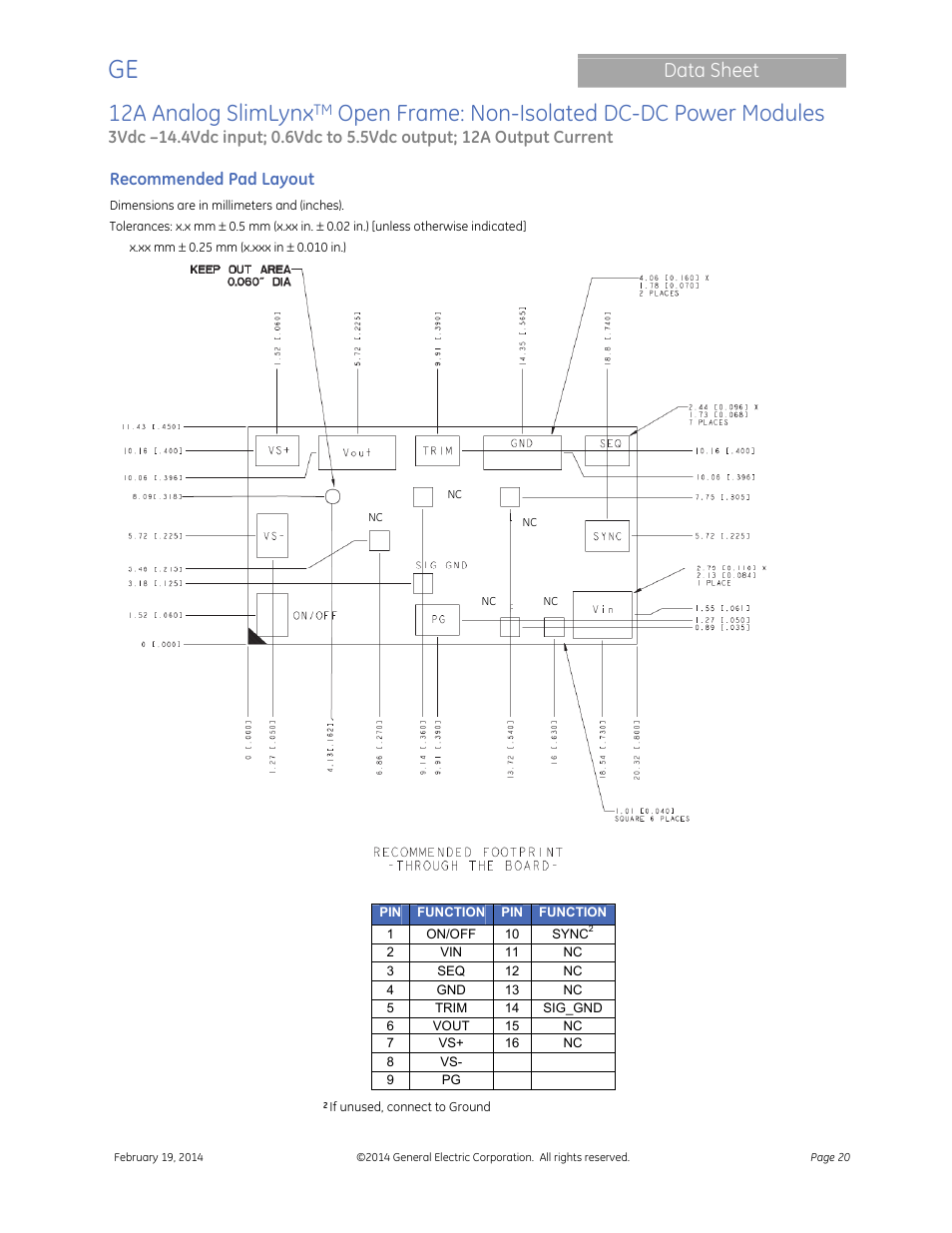12a analog slimlynx, Open frame: non-isolated dc-dc power modules, Data sheet | GE Industrial Solutions 12A Analog SlimLynx Open Frame User Manual | Page 20 / 23