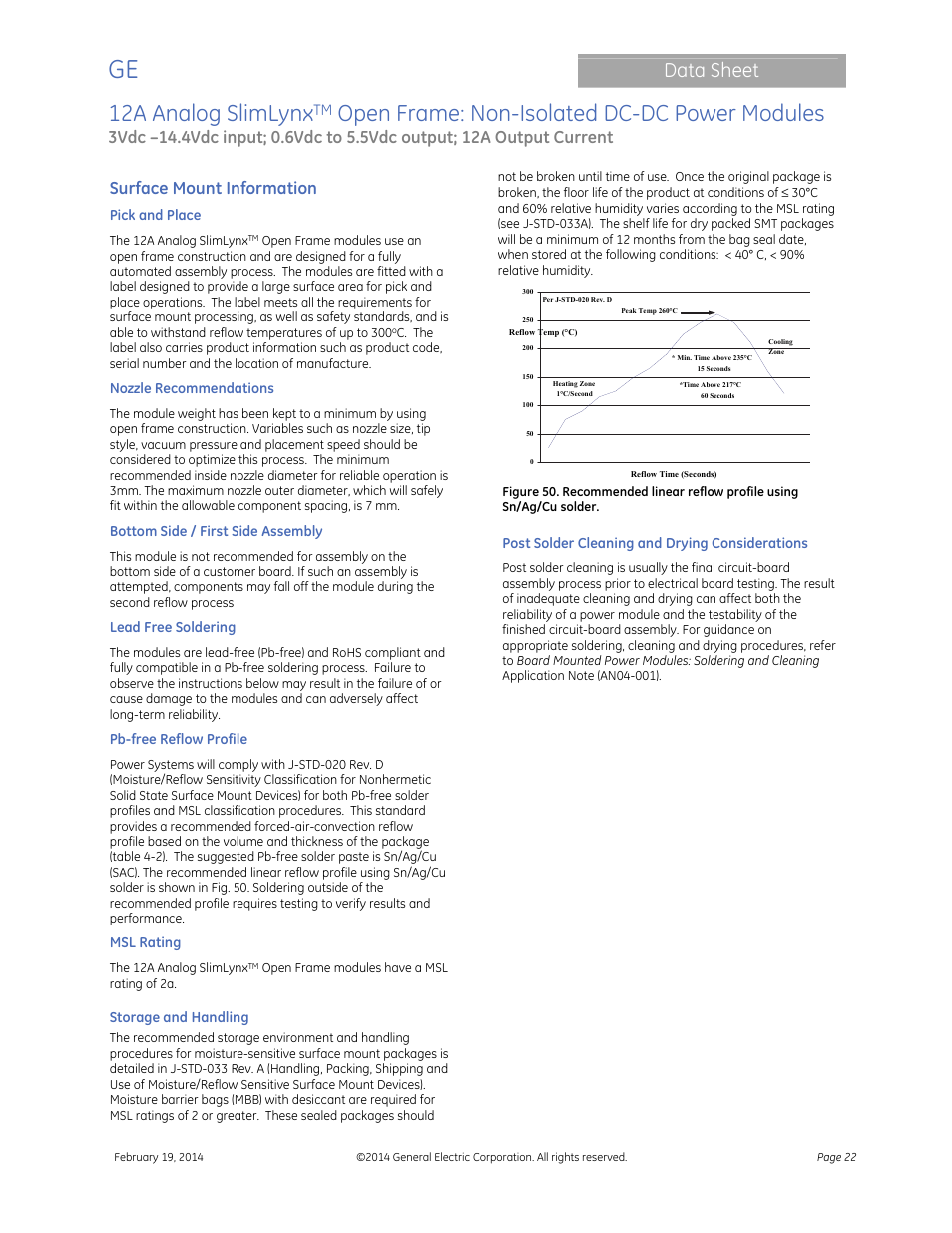 12a analog slimlynx, Open frame: non-isolated dc-dc power modules, Data sheet | Surface mount information | GE Industrial Solutions 12A Analog SlimLynx Open Frame User Manual | Page 22 / 23