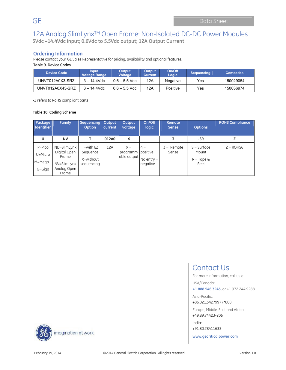 Contact us, 12a analog slimlynx, Open frame: non-isolated dc-dc power modules | Data sheet, Ordering information | GE Industrial Solutions 12A Analog SlimLynx Open Frame User Manual | Page 23 / 23