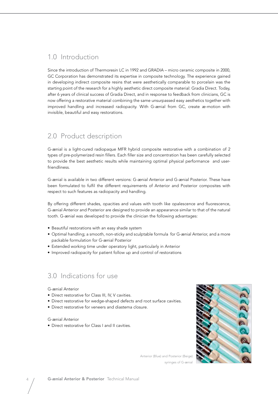 0 introduction, 0 product description, 0 indications for use | GC EUROPE G-aenial User Manual | Page 4 / 36