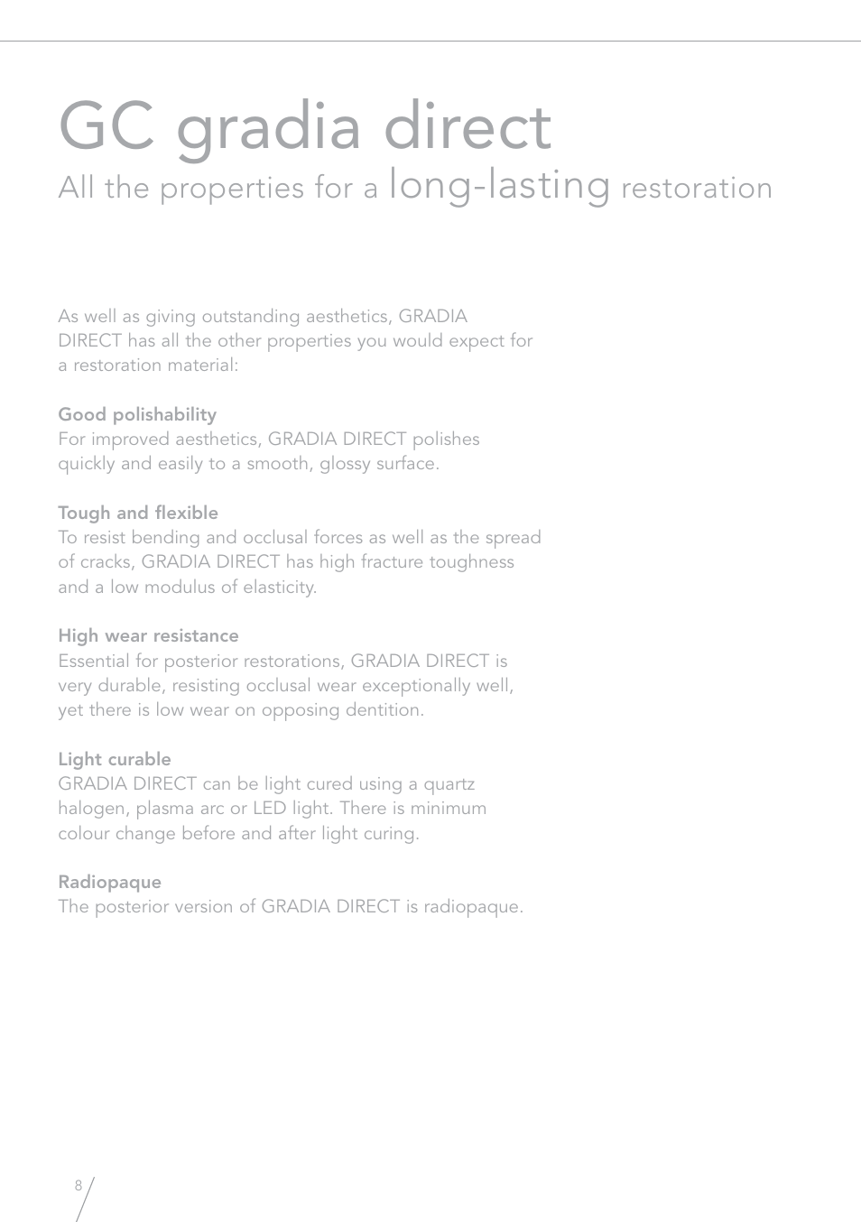 Gc gradia direct, Long-lasting | GC EUROPE GRADIA Direct (X) User Manual | Page 8 / 24