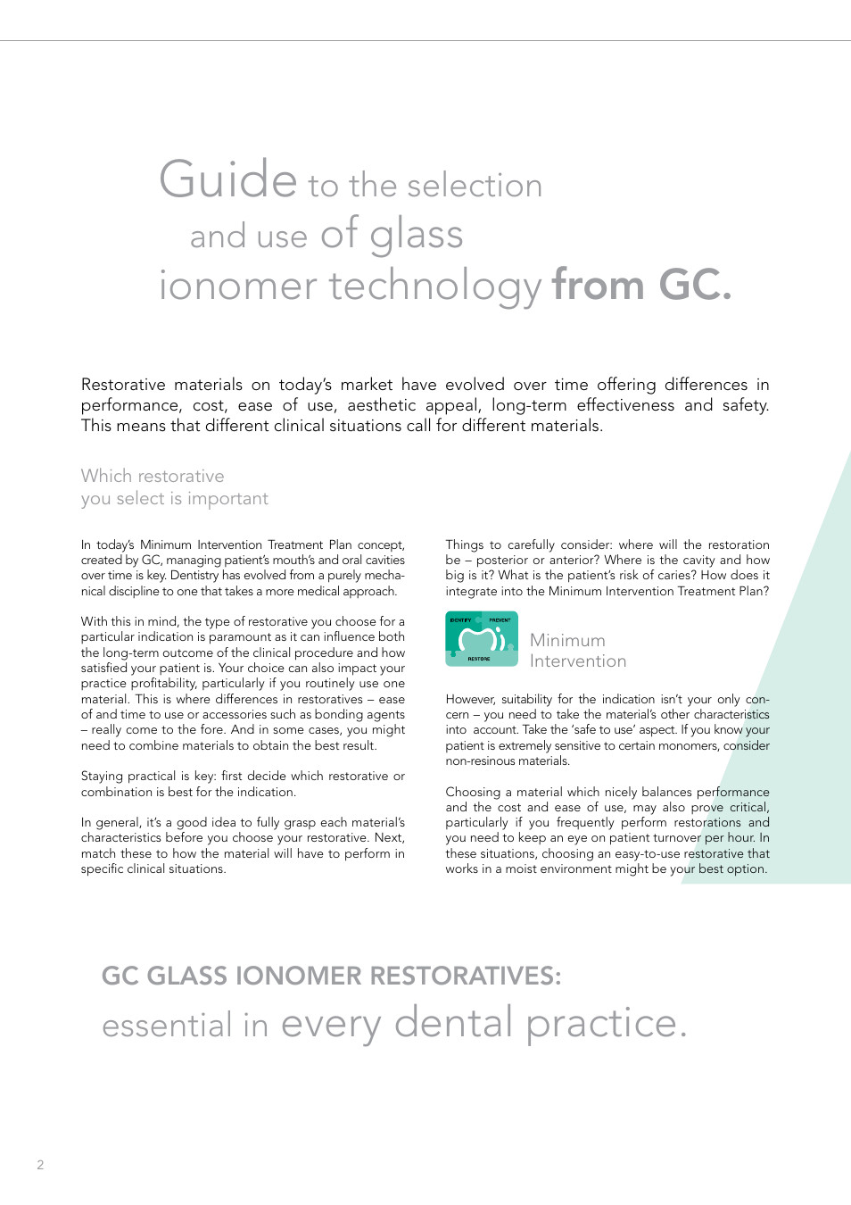 Guide, Of glass ionomer technology, Every dental practice | Essential in | GC EUROPE Fuji VIII GP User Manual | Page 2 / 16