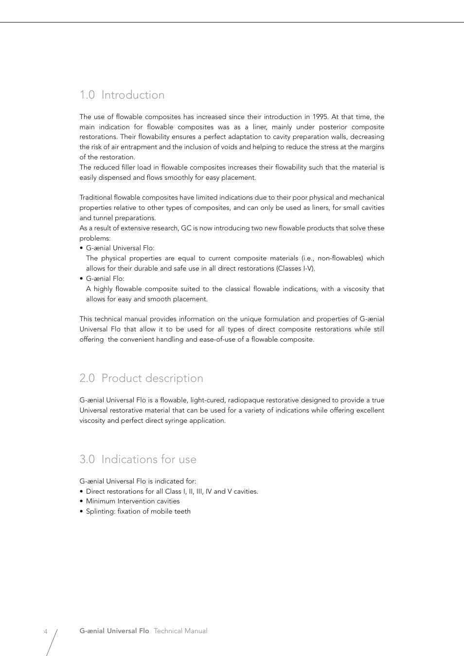 0 introduction, 0 product description, 0 indications for use | GC EUROPE G-aenial Universal Flo User Manual | Page 4 / 20